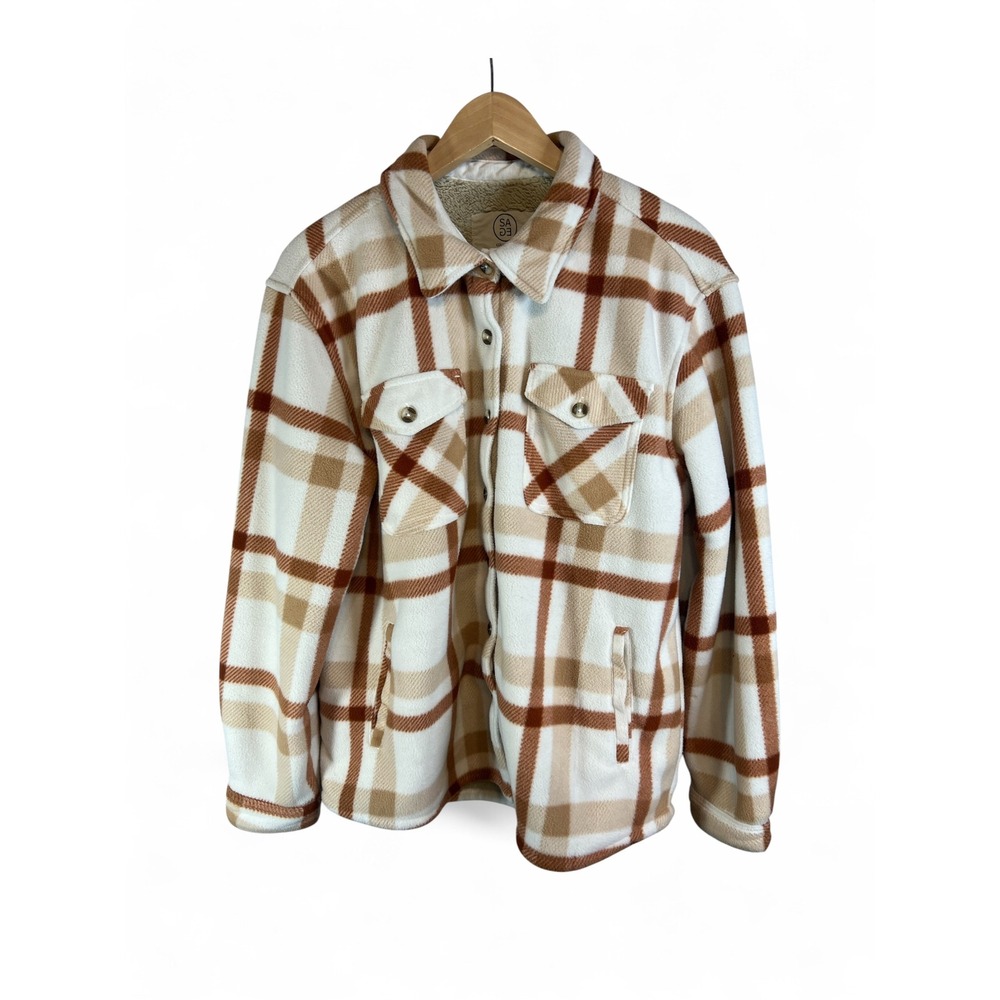 Sage Collective Plaid Fleece Shacket Faux Fur Lined Tan Brown Cream Large